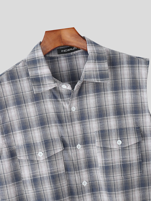 Mens Plaid Gradient Casual Sleeveless Shirt SKUL17804