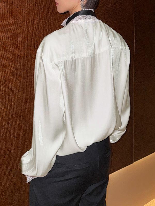 Men's Lace Trim Patchwork Ribbon Design Long Sleeve Shirt SKUL50006