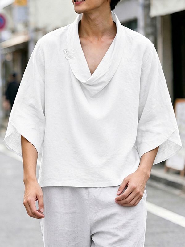 Men's Avant-Garde Modern Neo-Chinese Zen Cowl Neck Loose Kimono Sleeve Shirt SKUL73630