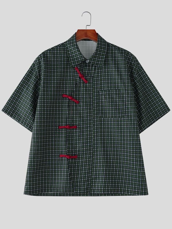 Men's Plaid Color Block Asymmetric Short Sleeve Shirt SKUL57119