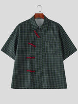 Men's Plaid Color Block Asymmetric Short Sleeve Shirt SKUL57119