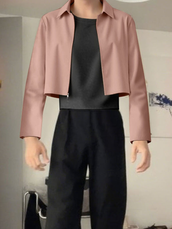 Men's Solid Color Zip Cropped Long Sleeve Jacket SKUL29607