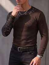 Men's Avant-Garde Nightclub Party Asymmetric Floral Lace Spliced Slim-Fit T-shirt SKUL84580