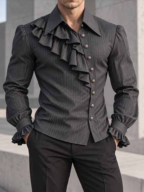[Pre-order] Men's Vintage Dandy Stage Runway Ruffle Jabot Front Puffed Lantern Sleeve Striped Shirt SKUL89146