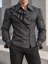 [Pre-order] Men's Vintage Dandy Stage Runway Ruffle Jabot Front Puffed Lantern Sleeve Striped Shirt SKUL89146