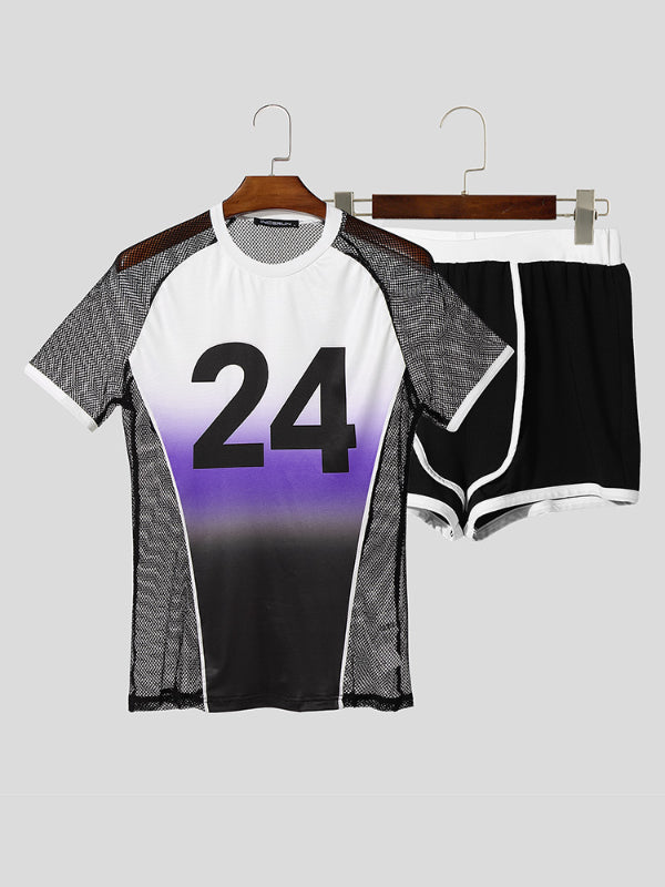 Mens Number Print Sheer Mesh Patchwork Two Pieces Outfit SKUL16675