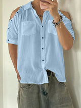 Men's Avant-Garde Riveted Cold-Shoulder Utility Short Sleeve Shirt SKUL54737