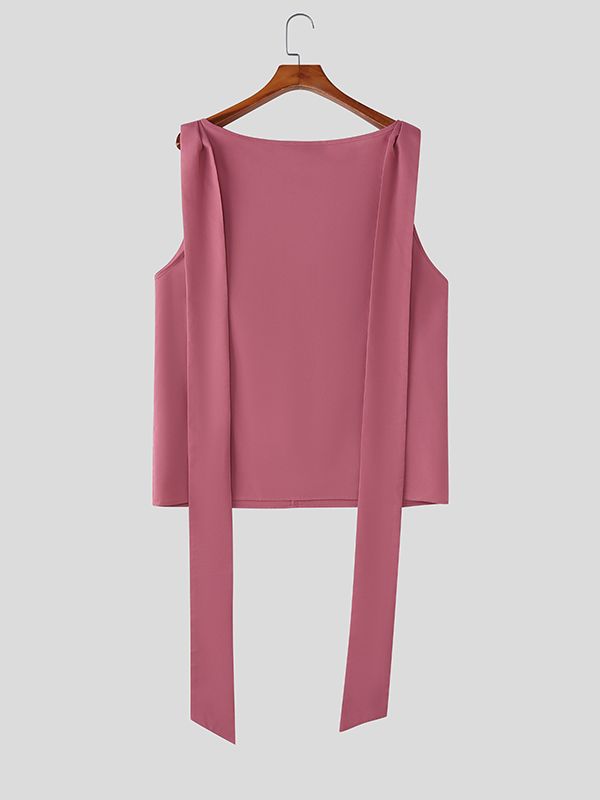 Men's Solid Color Ribbon Flap Off Shoulder Tank SKUL42647