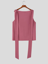 Men's Solid Color Ribbon Flap Off Shoulder Tank SKUL42647