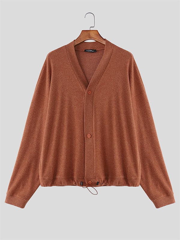 Men's Solid Color Knit V Neck Long Sleeve Cardigan SKUL28231