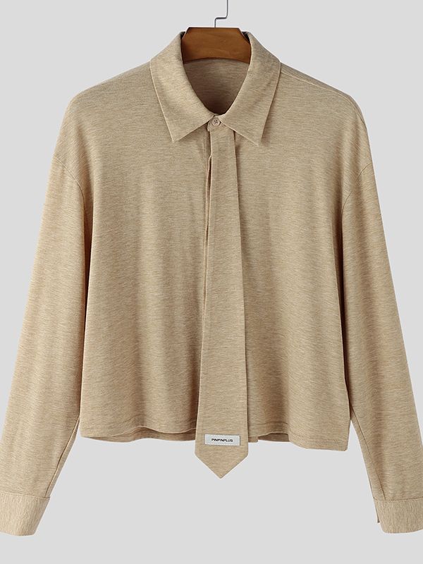 Men's Solid Color Tie Patchwork Cropped Long Sleeve Shirt SKUL48754