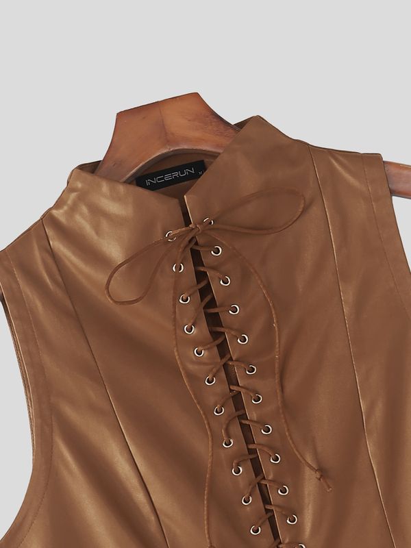 Men's Goth Punk Streetwear Faux Leather Lace Up Front Slim Fit Mock Neck Tank SKUL66977