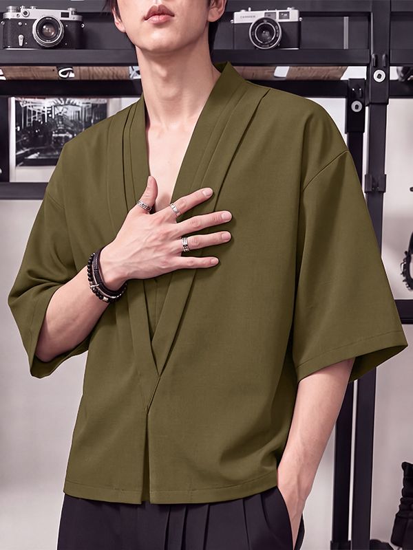 Men's Japanese Zen Beach Vacation Deep V-Neck Cross Overlap Shirt SKUL82436