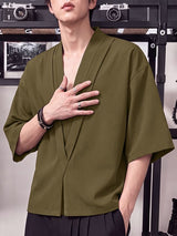 Men's Japanese Zen Beach Vacation Deep V-Neck Cross Overlap Shirt SKUL82436
