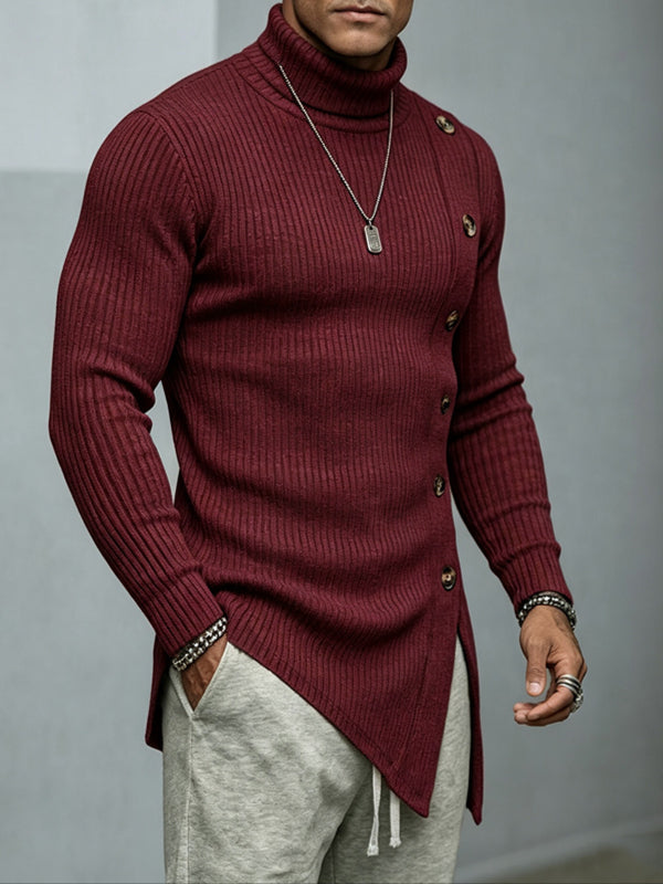Men's Avant-Garde Urban Casual Asymmetrical Side Button Long Sleeve Turtleneck Sweater SKUL80558