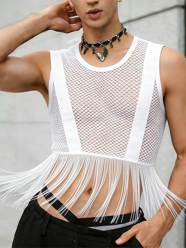 Men's See Through Mesh Long Tassel Fringe Cropped Tank SKUL57843