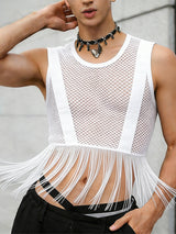 Men's See Through Mesh Long Tassel Fringe Cropped Tank SKUL57843