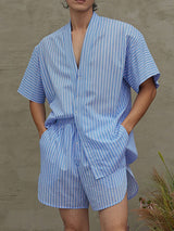 Mens Casual Striped Collarless Two Pieces Outfit SKUL08443