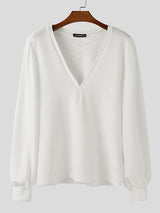 Men's Solid Color Textured V Neck Long Sleeve T-shirt SKUL48715