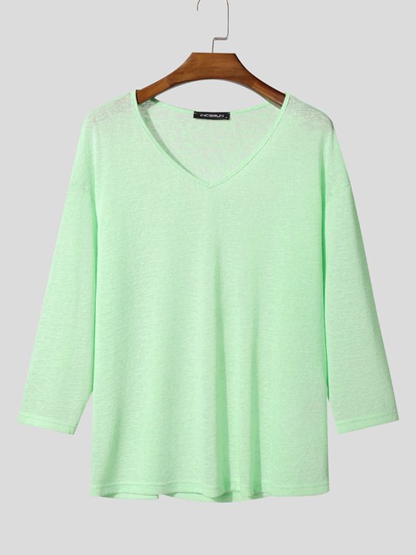 Men's Beach Resort Sheer Lightweight Deep V-Neck Long Sleeve T-shirt SKUL72650