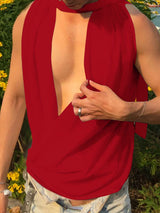 Mens Sheer Cowl Neck Tie-Strap Tank SKUK68479