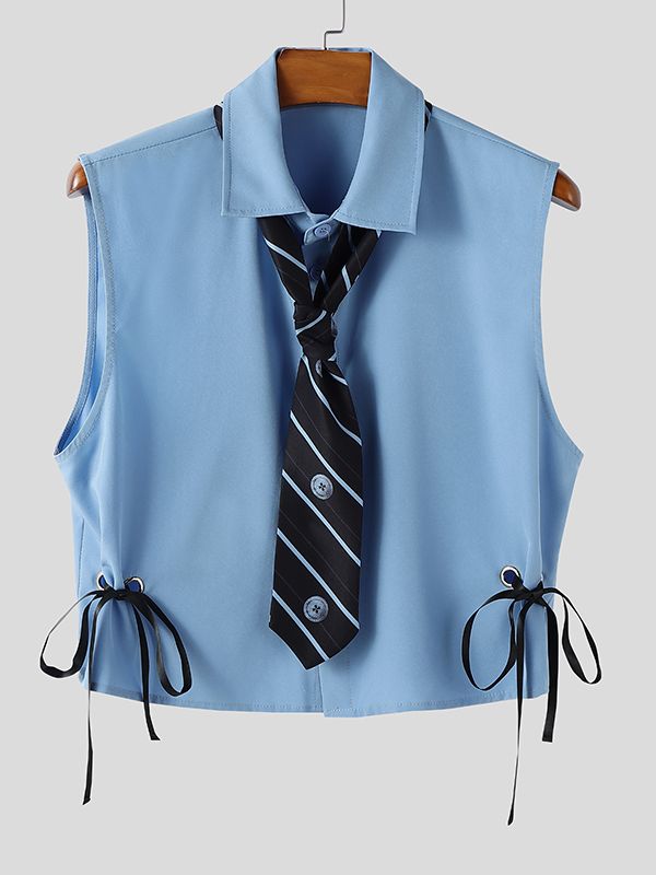 Men's Solid Color Drawstring Tie Cropped Sleeveless Shirt SKUL37675