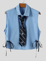 Men's Solid Color Drawstring Tie Cropped Sleeveless Shirt SKUL37675