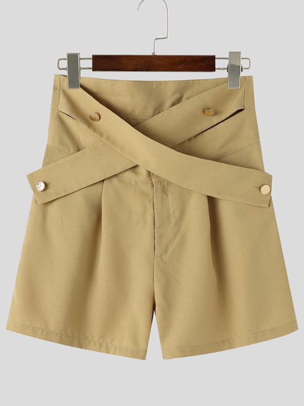 Men's Avant-Garde High-Waisted Crossover Waistband Decorative Gold Button Short SKUL63831