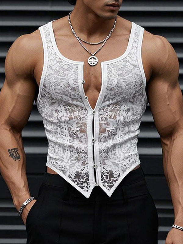 Mens Solid Color Sheer Lace Fitted Tank SKUL09537