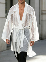 Men's Sexy Resort Sheer Mesh Stripe Belted Long Sleeve Lapel Collar Cardigan SKUL78133