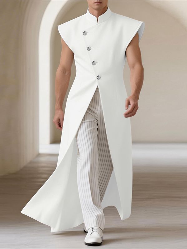 Men's Avant-Garde Asymmetrical Slant-Button High-Slit Sleeveless Floor-Length Shirt SKUL62064