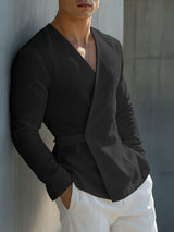Men's Solid Texture Deep V-Neck Long Sleeve Shirt SKUL26184