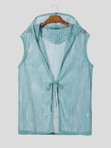 Men's Beach Resort Sheer Crochet Mesh Sleeveless Hooded Longline Cardigan SKUL71411