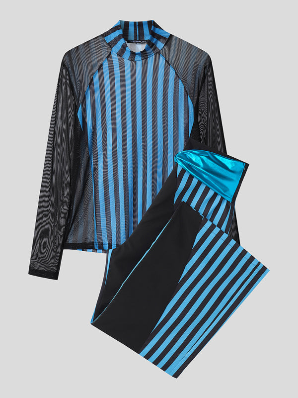 Men's Striped Colorblock Sheer Mesh Two Pieces Outfit SKUL25988