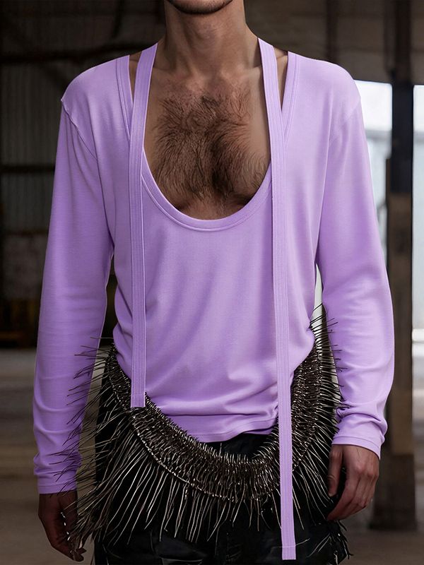 Men's Ribbon Patchwork Padded Shoulder Long Sleeve T-shirt SKUL42447