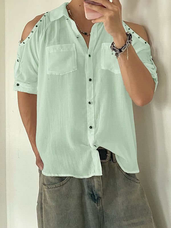 Men's Avant-Garde Riveted Cold-Shoulder Utility Short Sleeve Shirt SKUL54737