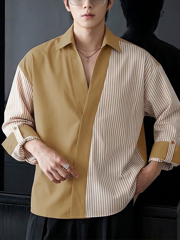 Men's High Street Urban Casual Asymmetrical Stripe Fold Cuff Long Sleeve Lapel Collar Shirt SKUL77516