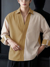 Men's High Street Urban Casual Asymmetrical Stripe Fold Cuff Long Sleeve Lapel Collar Shirt SKUL77516