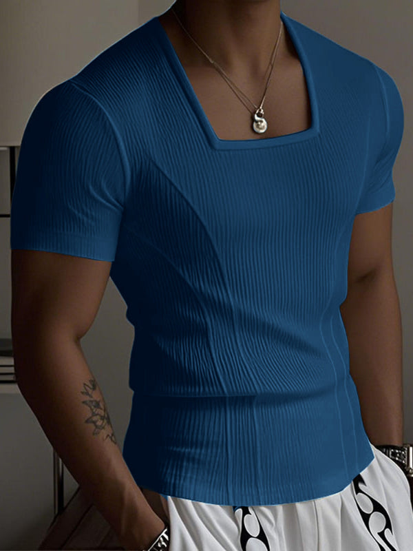 Mens Knit Textured Square Neck Short Sleeve T-Shirt SKUL22725