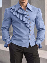 [Pre-order] Men's Vintage Dandy Stage Runway Ruffle Jabot Front Puffed Lantern Sleeve Striped Shirt SKUL89146