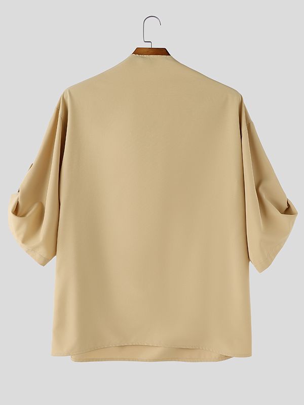 Men's Avant-Garde Cowl Neck Oversized Roll-Up Sleeve Pullover Shirt SKUL70266
