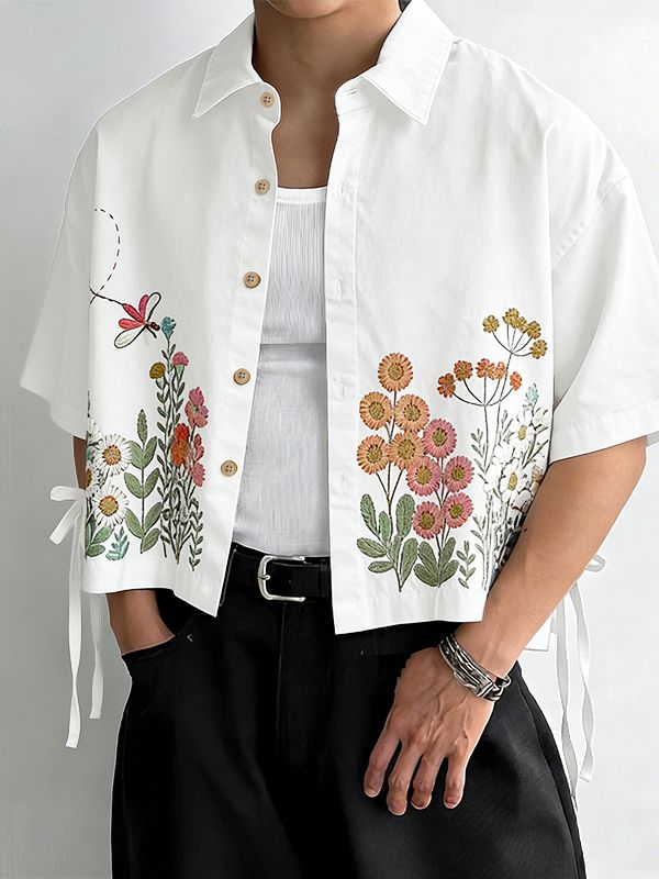 Men's Floral Faux Embroidery Print Side-Tie Ribbon Details Short Sleeve Shirt SKUL52628