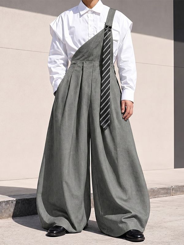Men's Avant-Garde Deconstructed Asymmetric One-Shoulder Suspender High-Waist Jumpsuit SKUL73642