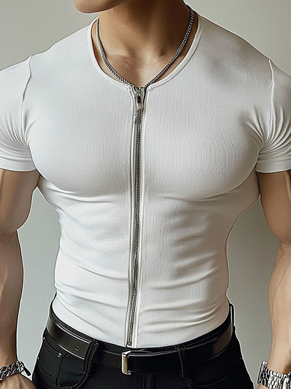 Mens Textured Zip-Up Short Sleeve T-Shirt SKUL01341