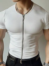 Mens Textured Zip-Up Short Sleeve T-Shirt SKUL01341