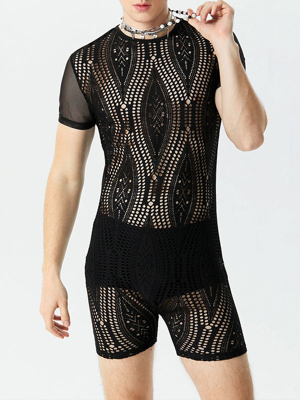 Mens Lace Patchwork See Through Bodysuit SKUK39949