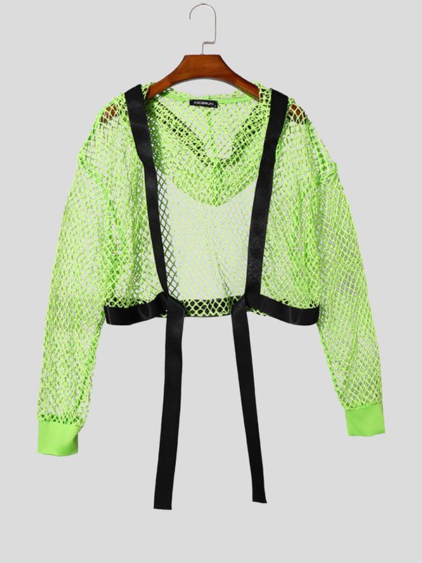 Men's Clubwear Neon Fishnet Mesh Tie-Front Cropped Cardigan SKUL76399