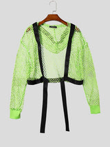 Men's Clubwear Neon Fishnet Mesh Tie-Front Cropped Cardigan SKUL76399