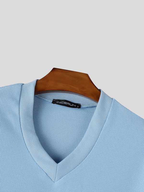 Men's Smart Casual Textured Slim Fit V-Neck Short Sleeve T-shirt SKUL69522