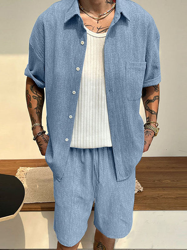 Mens Simple Textured Short Sleeve Two Pieces Outfit SKUL03662